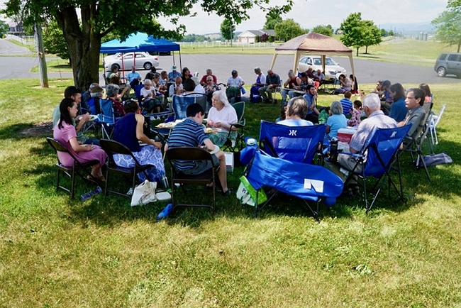 group gathered outside under a tree for lunch